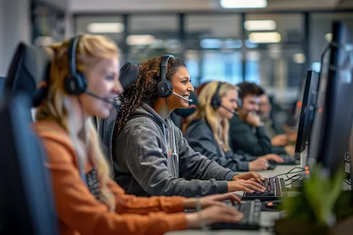 Customer support agents with headsets working on computers