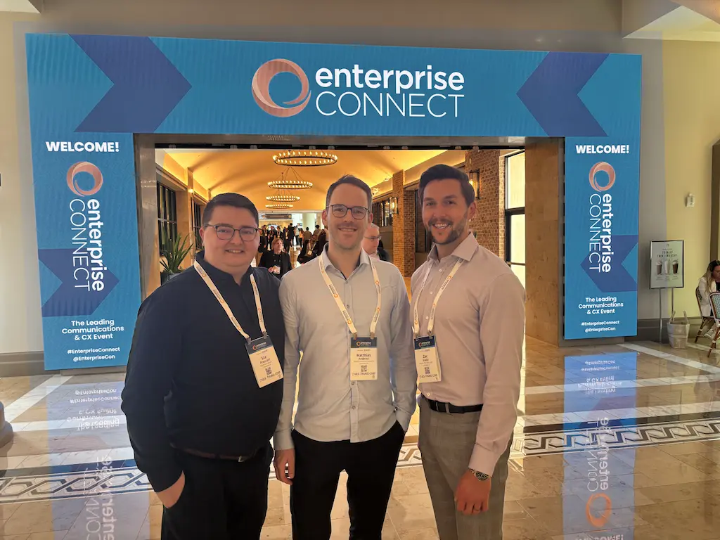 Three Cobrowse team members in front of the Enterprise Connect entrance. From left to right: Ste, Matthias and Zac.