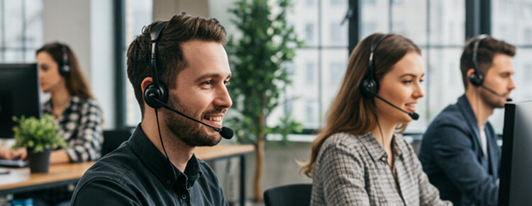 Customer support agents with headsets working on computers