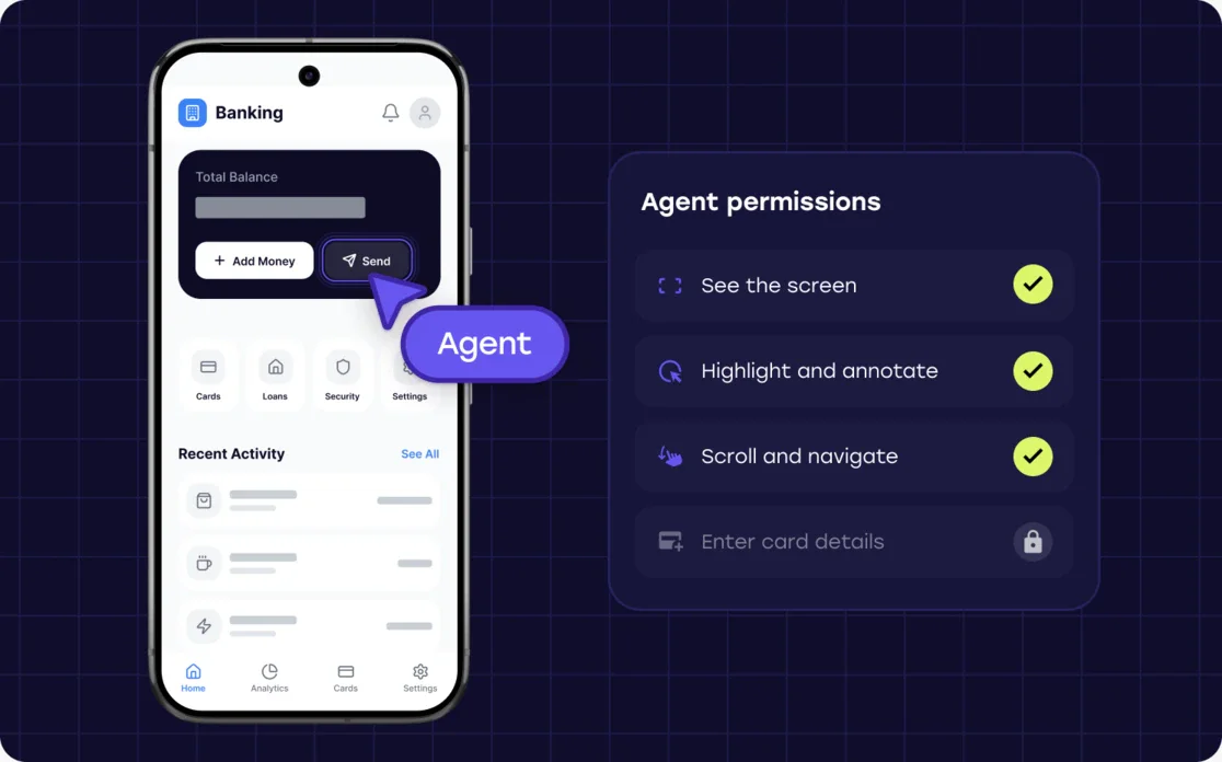 Agent permissions in a mobile banking app: seeing the screen, highlighting, scrolling and navigating are allowed while entering card details is blocked