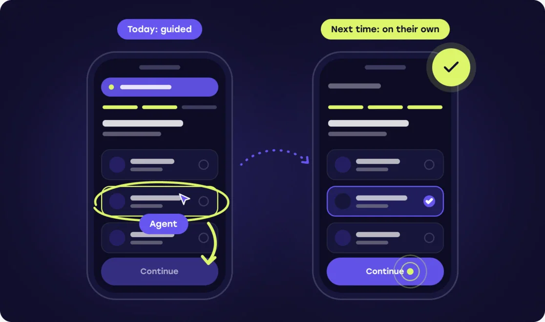 Guided today, on their own next time: an agent guides the customer through a task in the app, and next time the customer completes it on their own