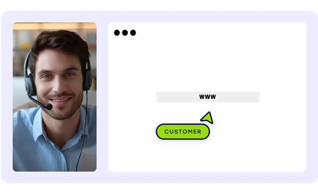 An agent to the left presenting their screen to a customer