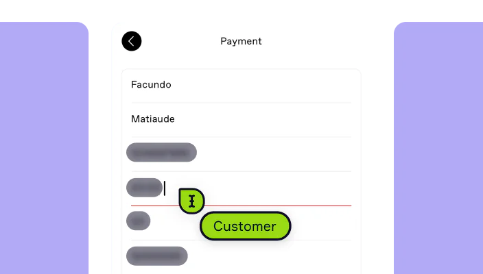 A payment screen with text inputs, some of them redacted