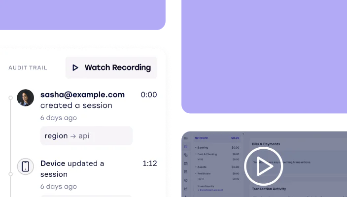 A session audit trail with a list of actions